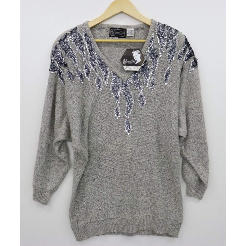 VTG 80s Women's XL Longline Grey Sweater Sequins and Shoulder Pads w Tags